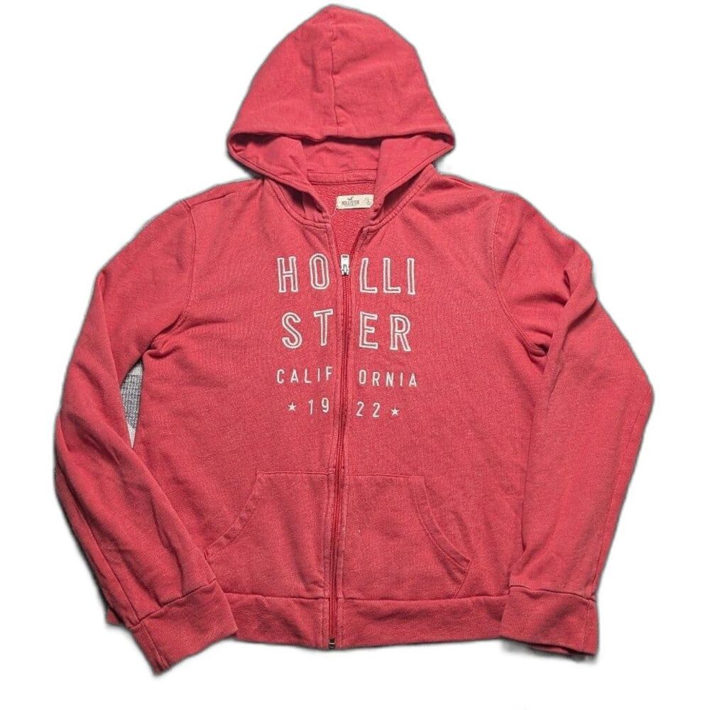 Y2K Red Hollister Co. Full Zip Hoodie With Embroidered Logo Graphics Sz L